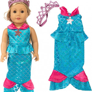 Costum de sirena cu coronita pentru papusa Miotlsy, textil, roz/albastru, 30 cm