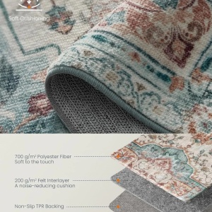 Covor vintage floral, textil, 160x230 cm, stil oriental, antiderapant, turcoaz/bej/roz - Verificat A · Re-Bloom - Img 3