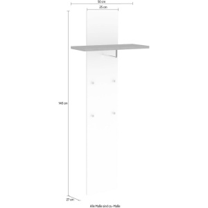 Cuier cu raft Tecnos, MDF, alb, 140 x 50 x 25 cm