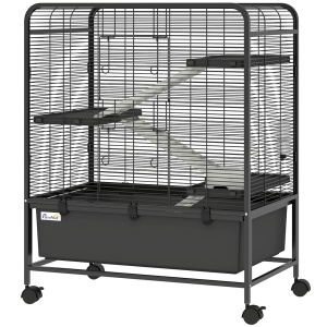 Cusca iepuri otel 4 niveluri cu platforme, rampe, roti, rezervor apa, tava detasabila 18cm, 75x46x94.5cm, Negru - Verificat A · Re-Bloom