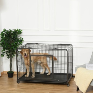 Cusca pentru caini pliabila cu roti si baza detasabila, metal/PP, 125x76x81 cm, tava 119x74x3 cm, usa frontala 54x56 cm, capacitate 80kg, gri inchis - Verificat A · Re-Bloom - Img 2