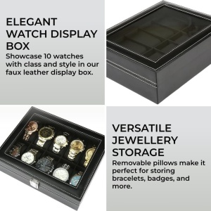 Cutie de depozitare cu capac de sticla pentru 10 ceasuri H&S, sticla/piele PU, negru, 22,5 x 7,5 x 20,5 cm, Resigilat, Grad A - Img 2