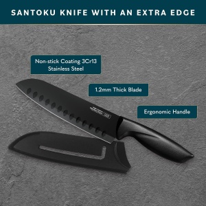 Cutit Santoku Home Hero, cu teaca, maner ergonomic, lama din inox, negru, 18 cm - Img 5