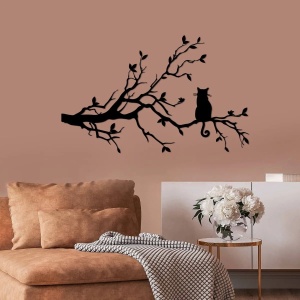 Decor de perete Re-Bloom, model copac cu o pisica, metal, negru, 80 x 50 cm - Img 2