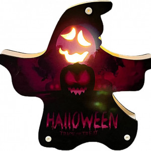 Decoratiune pentru Halloween, LED, model fantoma, lemn, multicolor, 20 x 20 cm - Img 1