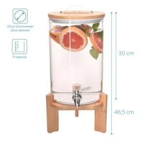 Dozator bauturi sticla borosilicata cu stand bambus, 7L, Ø20x30cm, inaltime totala 46.5cm, 3.5kg, robinet inox/silicon, capac bambus/inox, transparent/natur - Verificat A · Re-Bloom - Img 2