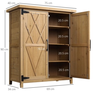 Dulap de gradina pentru unelte, lemn de molid/tabla zincata, 75x40x90 cm, 2 usi 31x76cm, 4 rafturi 34x30x20.5cm, compartiment stang 30x30x77cm, capacitate 10kg/raft, natural - Verificat A · Re-Bloom - Img 3