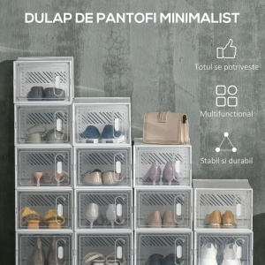 Dulap de pantofi modular, 18 cutii PP transparente, 25x35x19 cm/cutie, usi magnetice, orificii ventilatie, stivuibil, marime max EU43, 8kg, transparent/alb - Verificat A · Re-Bloom - Img 4