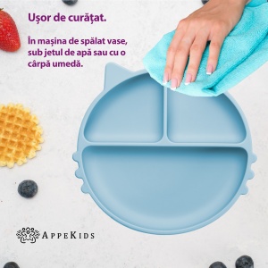 Farfurie compartimentata din silicon cu ventuza, AppeKids - Kitty - Aqua Blue - Img 4