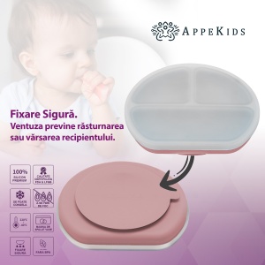 Farfurie compartimentata din silicon cu ventuza si capac, AppeKids - Old Rose - Img 3