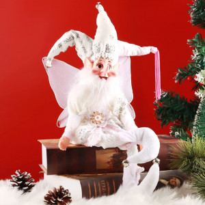 Figurina Elf de Craciun ABXMAS, textil, alb/roz/argintiu, 50 cm - Img 2