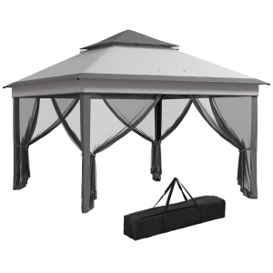 Foisor cu plase reglabil 3 niveluri Re-Bloom, otel/Oxford/plasa, 326x326x272 cm, stresina 177 cm, pereti plasa 294x198 cm, 4 franghii+8 tarusi+geanta incluse, gri deschis/gri inchis - Verificat A · Re-Bloom
