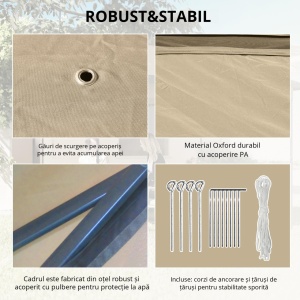 Foisor pliabil cu plasa de tantari si baldachin dublu, otel/Oxford/Mesh, 330x330x288 cm, streasina 198cm, pliat 21.5x21.5x116cm, 4 corzi + 8 cuie + geanta transport incluse, bej - Verificat A · Re-Bloom - Img 5