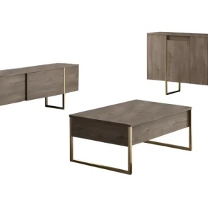 Forme XL set 3 piese living, comoda TV 180cm, masuta cafea 90cm, comoda 160cm, PAL 18mm, picioare metal, nuc si auriu - Verificat A · Re-Bloom