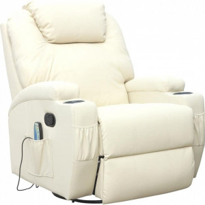 Fotoliu recliner Cinemo, cu masaj, incalzire, rotativ si cu suport pentru bauturi, piele naturala, crem - Img 1