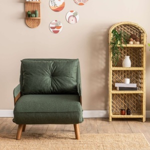 Futon fotoliu extensibil 77x70x82 cm, pat 190x70 cm, spatar 14 pozitii, tapiterie poliester, cadru metal, brate lemn, verde - Verificat A · Re-Bloom - Img 6