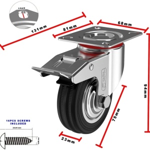 GBL set 4 roti universale otel, 75mm, pivotante 360°, 200kg, 2 frane, sigure toate tipurile pardoseala, negru/argintiu - Verificat A · Re-Bloom - Img 2