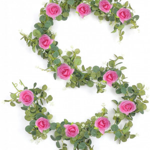 Ghirlanda artificiala cu trandafiri Homodeco, plastic/matase, verde/roz, 185 cm - Img 6