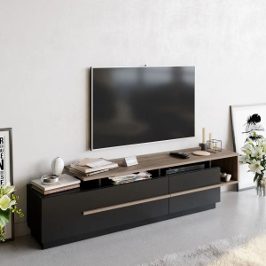 Hanah Home comoda TV living 180x46.4x38.9 cm, PAL 18mm, negru si nuc, rafturi deschise - Verificat A · Re-Bloom - Img 2