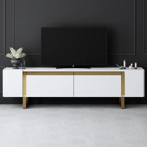 Hanah Home comoda TV living 180x50x30 cm, PAL 18mm, picioare metal 40x20mm, inaltime picioare 16cm, alb/auriu - Verificat A · Re-Bloom - Img 3
