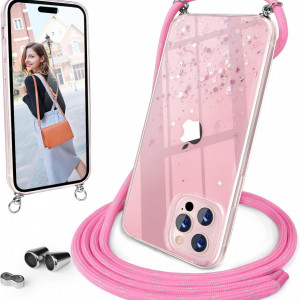 Husa cu snur pentru iPhone 13 Pro UNDEUX, silicon/textil, roz, 6,1 inchi - Img 1