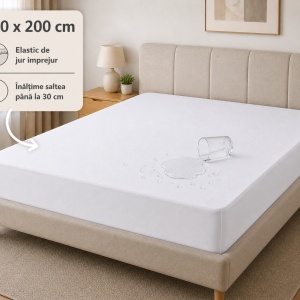 Husa saltea impermeabila 100% Frotir, acoperire integrala, alba, dimensiunea 180×200 cm+30 cm