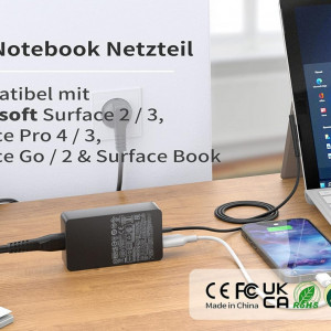 Incarcator pentru notebook Microsoft Surface Pro 3, 4, 5, 6 Cyd, PVC/plastic, negru, 15V, 65W, 185 cm