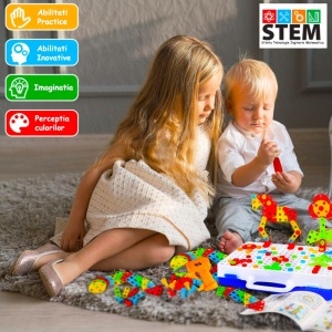 Jucarie educativa si interactiva STEM, set de constructie puzzle din ABS cu bormasina pentru inginerie 2D si 3D cu 237 piese, carcasa portabila, +3, WW2004 - Img 4