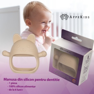 Jucarie pentru dentitie din silicon, Appekids, Manusa Kitty - Bubble Beige - Img 4