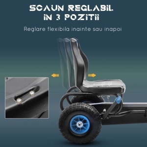 Kart cu pedale pentru copii cu scaun reglabil si frana de mana, PP/metal, 121x58x61 cm, scaun 35x28x35cm, roti cauciuc Φ28cm, capacitate 50kg, certificat EN71, varsta 3+/recomandat 5-12 ani, albastru/negru - Verificat A · Re-Bloom - Img 6