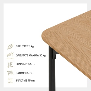 Kiwari Arno masa dining/birou, MDF/metal, 110x70x75cm, 11kg, capacitate 30kg, design modern, lemn deschis/negru - Verificat A · Re-Bloom - Img 2