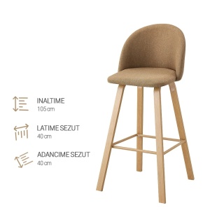 Kiwari Tan set 2 scaune bar/bucatarie, textil/spuma + cadru metalic aspect lemn, 40x40x105cm, inaltime sezut 75cm, capacitate 120kg, spatar ergonomic, suport picioare, maro - Verificat A · Re-Bloom - Img 4