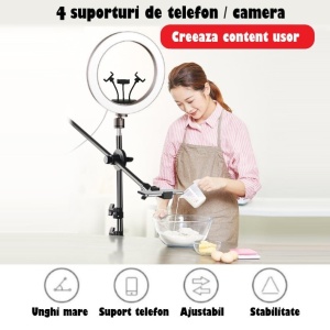 Lampa Circulara Ring Light REVOSE™ cu Extra Brat si 3 suporturi telefon, Diametru 36cm/14inch LED, Lumina Naturala/Rece/Calda, Trepied 210 cm Inclus, Telecomanda Bluetooth - Img 2