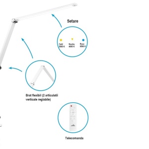 Lampa de masa ETA 2893 90010, 10 W, LED, brat flexibil, reglare intensitate lumina, telecomanda, alb - Img 3