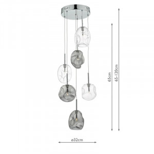 Lustra tip pendul Kensley, 6 lumini, metal/sticla, gri/transparent, 32 x 65-120 cm