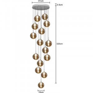 Lustra tip pendul Zahra, 15 lumini, metal/sticla, negru/chihlimbar, 41 x 320 cm