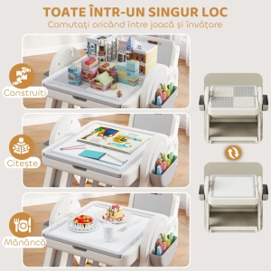 Masa multifunctionala pentru copii cu raft, sertare si tabla, HDPE/PP, masa 88x61x58cm + scaun 40x37x47cm, varsta 2-4 ani, capacitate 10kg masa/30kg scaun, 2 cutii depozitare incluse, gri/alb - Verificat A · Re-Bloom - Img 5