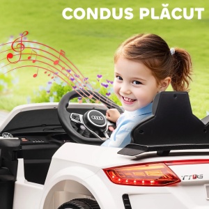 Masina electrica copii Re-Bloom Audi TT, 12V 30W, PP/metal, 102x60x44 cm, telecomanda, portiere, faruri LED, varsta 3-5 ani, 25 kg, alb - Verificat A · Re-Bloom - Img 4