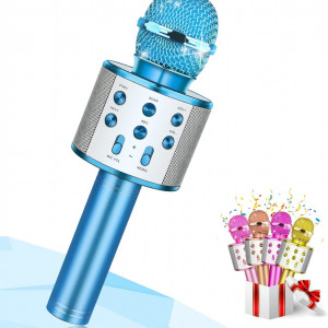 Microfon profesional wireless karaoke cu Bluetooth DEVRNEZ , albastru, difuzor, radio FM, USB TF, inregistrare sunet, acumulator, 25 x 9,5 cm 