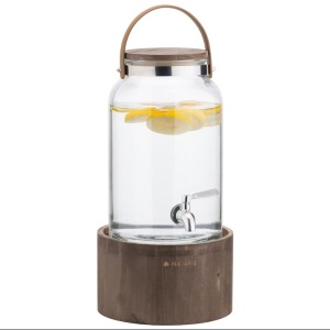 Navaris dozator bauturi 5.6L, suport lemn, robinet inox, maner piele, Transparent/Maro - Verificat A · Re-Bloom
