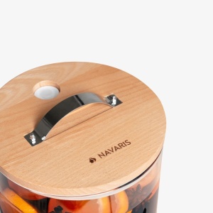Navaris dozator bauturi sticla borosilicata cu stand lemn fag, 5L, Ø20x20cm, inaltime totala 34cm, 2.5kg, robinet inox/silicon, capac lemn/inox, compatibil masina spalat vase, maro - Verificat A · Re-Bloom - Img 2