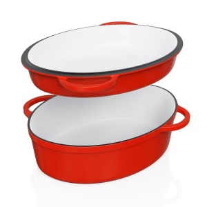 Oala cu capac Steinzeitwerk din fonta emailata, 6 l, 8kg, 2in1, pentru cuptor, plita, gaz, electric, cu inductie, ovala, 35x25x17 cm, Rosu, Resigilat, Grad A - Img 2