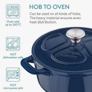 Oala fonta emailata Navaris, albastru, cu capac, pentru cuptor, plita, gaz, electric, cu inductie, cu infrarosu, 24 cm, 3.5 l, Resigilat, Grad B - Img 2