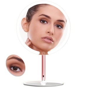 Oglinda cosmetica cu led pentru machiaj, Judios®Echo, 40 LED-uri, 3 tipuri de lumina, intensitate reglabila, Touch Switch, rotire 90º, oglinda makeup aditionala magnificare 10X, 2000mAh, Alb