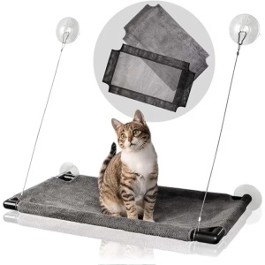 Pat suspendat pentru pisici, Amazy, cu prindere pe geam, tip hamac, montaj cu ventuze, 60x35 cm, Resigilat, Grad A - Img 2