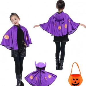 Pelerina de Halloween pentru copii Tuofang, poliester, mov/negru/portocaliu, 48 cm
