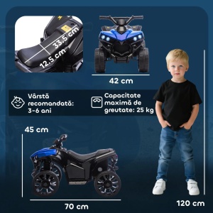 Quad electric pentru copii ATV, metal/PP, 70x42x45 cm, baterie 6V 4.5Ah, viteza 1.5-3km/h, faruri LED, muzica, incarcare 8-12h/autonomie 40min, capacitate 25kg, varsta 18-56 luni, albastru/negru - Verificat A · Re-Bloom - Img 3