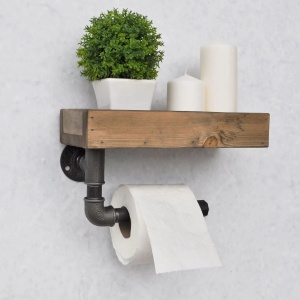 Raft perete baie industrial 28x16x14 cm, lemn molid masiv lucrat manual, suporti teava metal, nuc/negru - Verificat A · Re-Bloom - Img 2