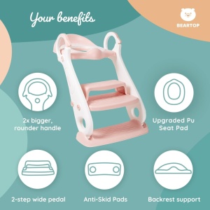 Scaun toaleta pentru copii Beartop, cu trepte, polipropilena, alb/roz, 42 x 30 x 38-48 cm