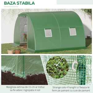 Sera tunel de gradina Re-Bloom, otel galvanizat/PE, 300x300x200 cm, usa 100x180 cm cu incuietoare, 4 ferestre 38x38 cm, anti-vant nivel 3, verde - Verificat A · Re-Bloom - Img 6
